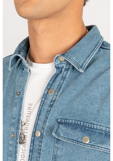 Tudors Oversıze Denim Çift Cep Kapaklı Çıtçıtlı Erkek Kot Gömlek-24982 Mavi