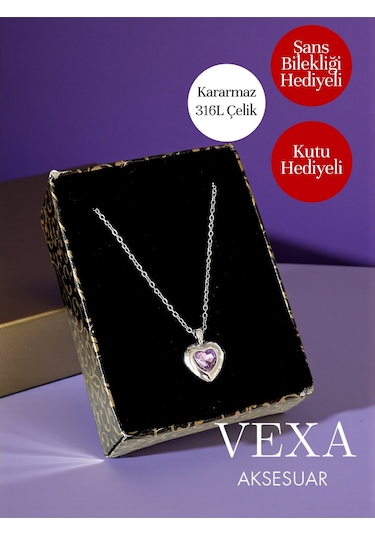 Amora Kalp Model Taşlı Kararmaz 316l İthal Çelik Kolye - Kutu Ve Şans Bilekliği Hediye Mor