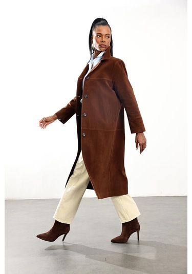 Kahverengi Nubuk Midi Palto Kahverengi