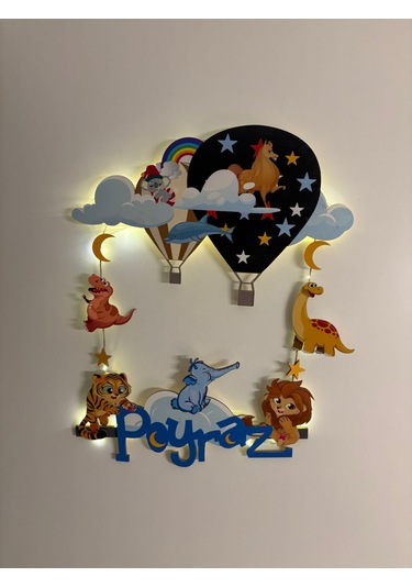 Işıklı İsme Özel Ahşap Bebek Odası Kapı Süsü 50x42 Çok Renkli