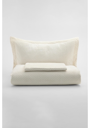 Lidia Kadife Çift Kişilik Yatak Örtüsü Takımı - Krem