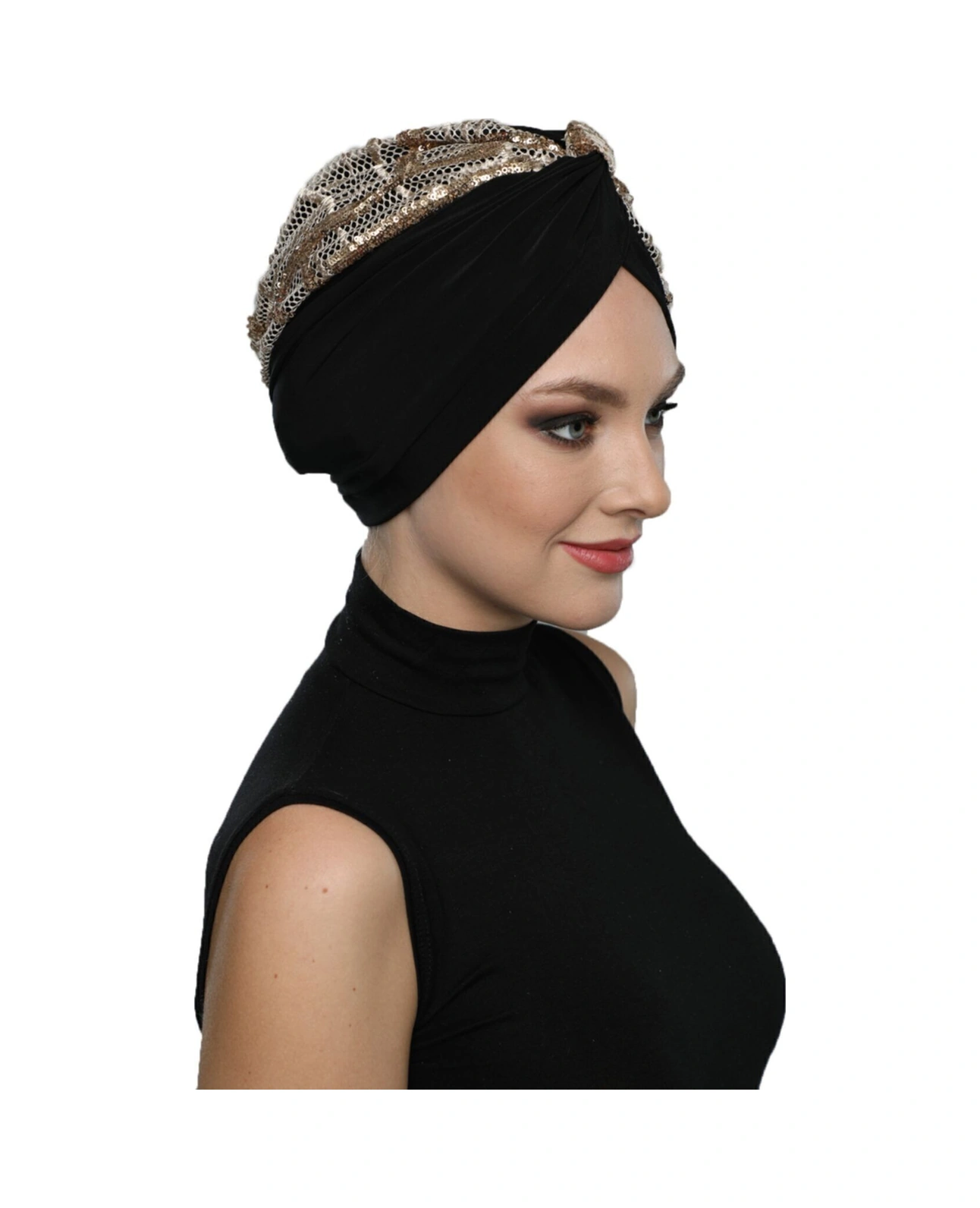 Özel Tasarım Siyah Bej-altın Pullu Fileli Etnik Desenli Astarlı Hazır Türban Tesettür Abiye Bone Siyah25