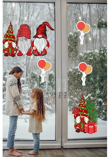 Yılbaşı Cüceler Ve Balonlar Pencere Sticker Yılbaşı Sevimli Cüceler Sticker