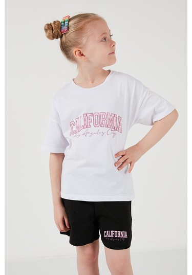 Lela Pamuklu Baskılı Bisiklet Yaka Şortlu Alt-Üst Kız Çocuk Takım 6212004 Beyaz