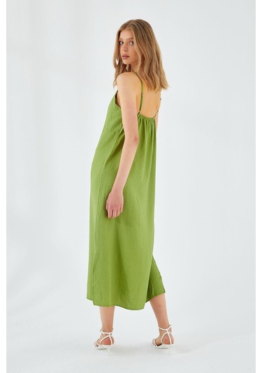 4252 Kadın İp Askılı V Yaka Elbise Fıstık Yeşili Fıstık Yeşili