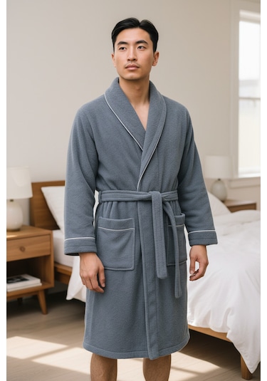 % 100 Pamuklu Laodikeia Şalyaka Bornoz Kadın Erkek Unisex Gri
