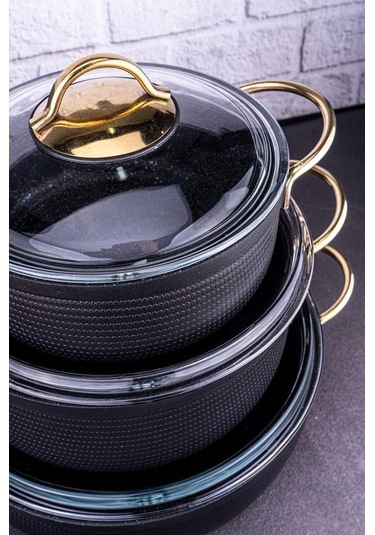 Bambum Node - 8 Parça Tencere Seti Siyah Siyah - Altın