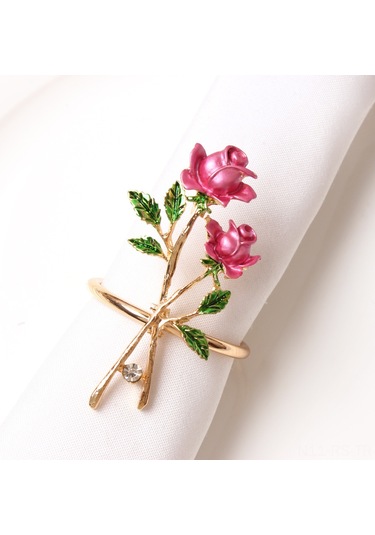 Reedark Romantik Gül Desenli Metal Peçete Halkası - Şık Ve Dayanıklı Pembe