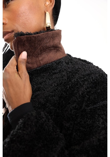 Siyah Kadife Detaylı Peluş Mont Siyah