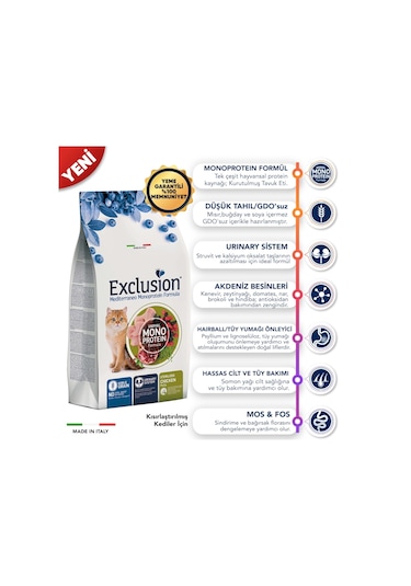 Exclusion Mediterraneo Monoprotein Düşük Tahıllı Tavuklu Ve Narlı Kısırlaştırılmış Kedi Maması 12 KG