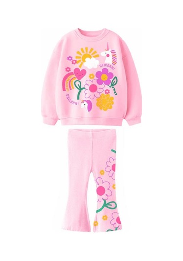 2-8 Unicorn Desenli İspanyol Taytlı Kız Çocuk Takım Pembe Pembe
