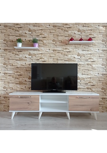 Mobilyasepeti Mobilya Sepeti (Ms 80) Mdf Tv Ünitesi Dolabı,Raflı,Beyaz,Ceviz