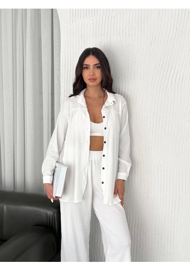 Yakalı Düğmeli Uzun Kollu Gömlek Pantolon İkili Takım - Beyaz Beyaz