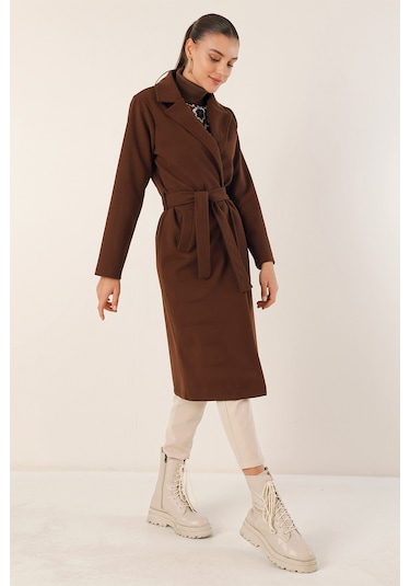 9118 Kruvaze Yaka Kaşe Kaban - Kahverengi Kahverengi