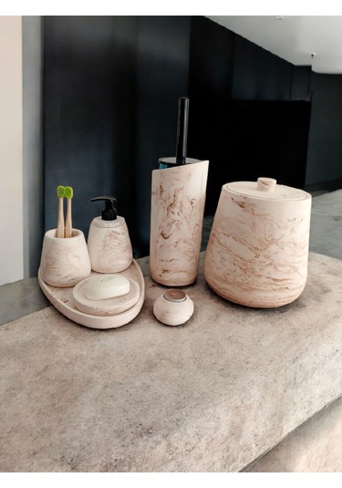 Mermer Desen Bej Beton Banyo Seti,tuvalet Wc,çöp Kovası,katı,sıvı Sabunluk,tepsi,dekorasyon,aksesu Bej