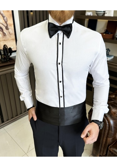 İtalyan Kesim Damatlık Slim Fit Biyeli Ata Yaka Erkek Gömlek T7216-beyaz Beyaz