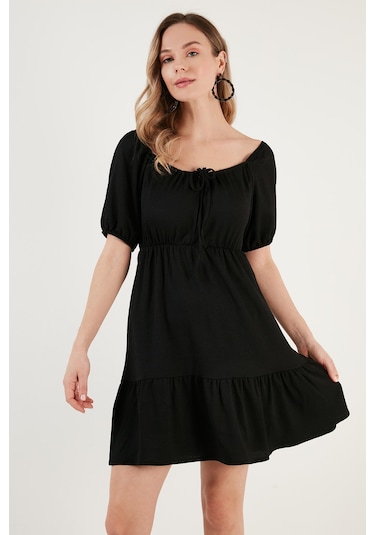 Lela Önü Büzgülü Balon Kollu Mini Bayan Elbise 5869005 Siyah