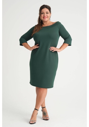 Kadın Yeşil Carmen Yaka Truvakar Kol Büyük Beden Esnek Krep Elbise-yeşil Yeşil