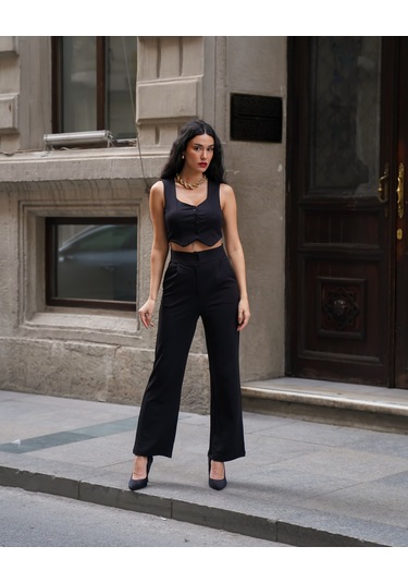 Kadın Crep V Yaka Yelek Ve Pantolon Takım Siyah
