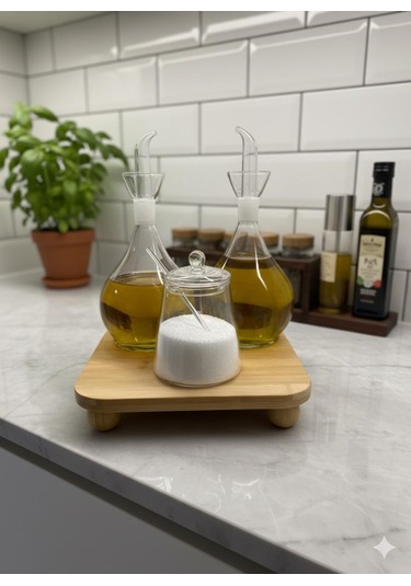 Morponi 3'lü Cam Yağlık Ve Tuzluk Seti Bambu Altlıklı Şık Sunum Tombul Düz Cam Yağdanlık Set Beyaz