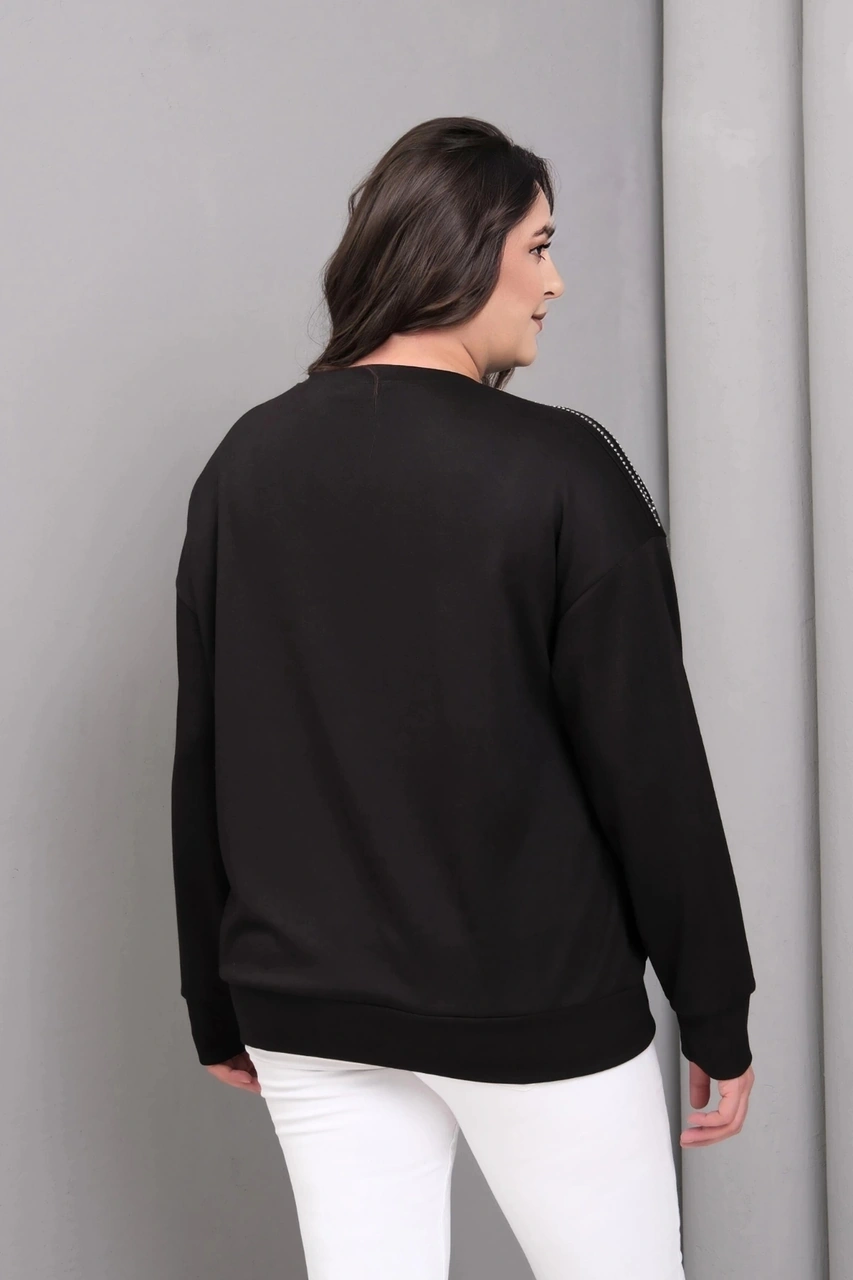 Omuzlar Taş Baskılı Sweatshirt Siyah