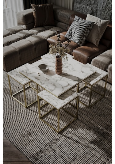 4+1 Gold Kaplama 18mm Beyaz Mermer Desen Orta Sehpa