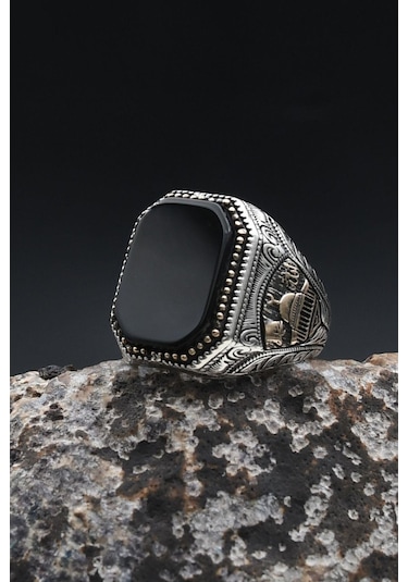 Mescidi Aksa Modelı Ve Allah Ve Muhammed Yazlı Oniks Taşlı 925 Ayar Gümüş Erkek Yüzük 902365 Gümüş