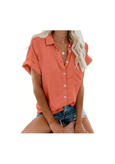Kadın Kısa Kollu V Yakalı Önden Düğmeli Dokuma Gömlek Turuncu