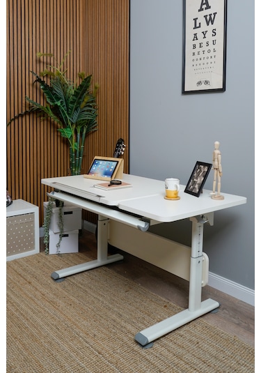 Vega Simple Yüksekliği Ayarlanabilir Ekru Ahşap Çalışma Masası, Modern Ofis Ve Bilgisayar Masası Gri