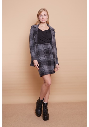 Kışlık Likralı Yünlü Kumaş Yüksek Bel Diz Üstü Kalem Etek-Siyah D