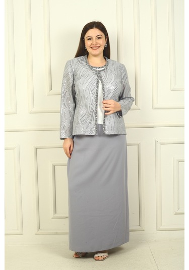 Kadın Pulpayet Ceket Yarım Ay Kollu Bluz Astarlı Krep Uzun Etek Büyük Beden 3'lü Takım Gri Kadın Pulpayet Ceket Yarım Ay Kollu Bluz Astarlı Krep Uzun Etek Büyük Beden 3'lü Takım Gri