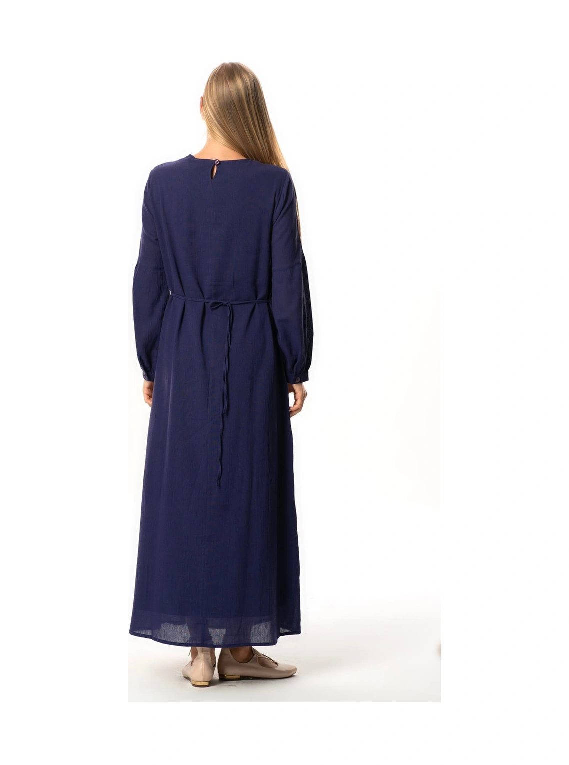 Uzun Kol Şile Bezi Gülşah Bisiklet Yaka Nakışlı Uzun Yazlık Elbise Mor Mor Mor