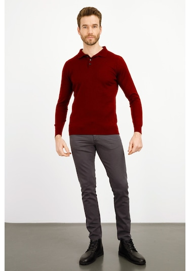 Desen Triko Erkek Basic Polo Yaka İnce Triko Kazak 02421601 Bordo