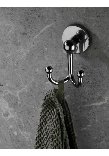 Krom Yapışkanlı Bornoz &  Havlu Askılığı – 2 Kancalı (Çatallı) Metal Askı, Şık & Dayanıklı Tasarım - (S-112)