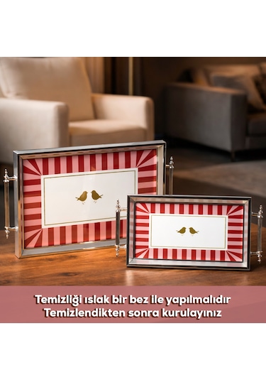 Porsima 4387 2'li Dekoratif Dikdörtgen Servis Tepsi Seti - Çay Ve Kahve Kahvaltılık Sunum Tepsisi Pembe
