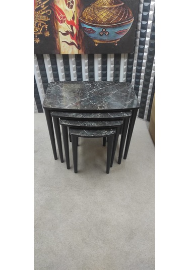 4 Lü Mdf Lam Ahşap Zigon Sehpa Siyah Mermer