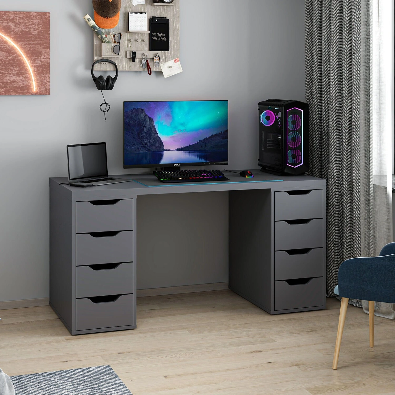 Alen 150 Cm 8 Çekmeceli Çalışma & Oyuncu Masası - Antrasit Siyah