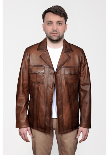 Derije Gomez Hakiki Deri Erkek Taba Punto Dikiş Detaylı Ceket-Mont