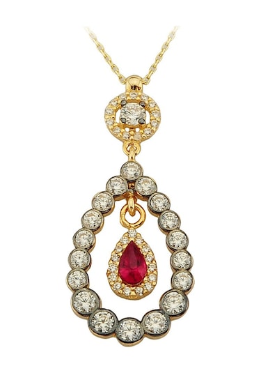 Altın Kırmızı Taşlı Damla Kolye G10354