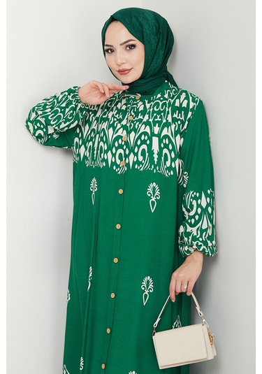 Çilay Düğmeli Dokuma Viskon Elbise 1561 - Yeşil Yeşil