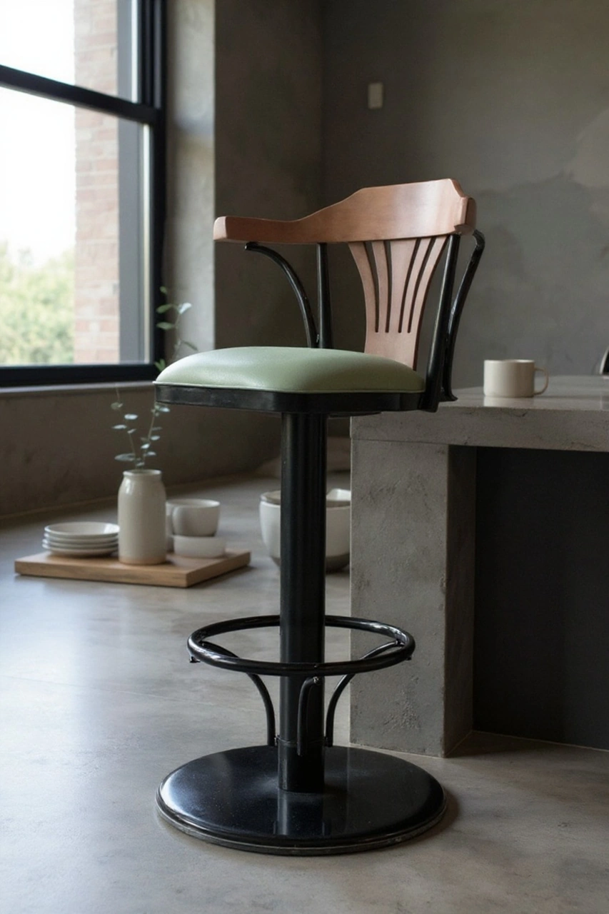 Dengema T168/75 Dönerli Bar Sandalyesi Yeşil Deri Oturum, İnegöl Ceviz Sırt 75 Cm Yükseklik Yeşil - Ceviz