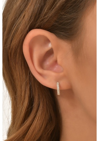 Moom Mücevherat Kadın 14 Ayar Altın Küpe Minimalist Zirkon Taşlı Modern Halka Altın Küpe 12 Mm-Mm20033