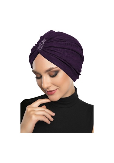 Dizayn Tüllü Kristal Taş İşlemeli Çift Taraflı Astarlı Mor Hazır Türban Tesettür Abiye Bone Mor