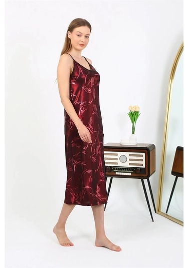 Giyim Kadın İp Askılı Uzun Parlak Micro Elbise Gecelik Bordo Bordo