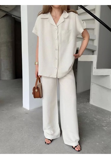 Keten Kısa Kollu Cepli Gömlek Pantolon İkili Takım - Beyaz Beyaz