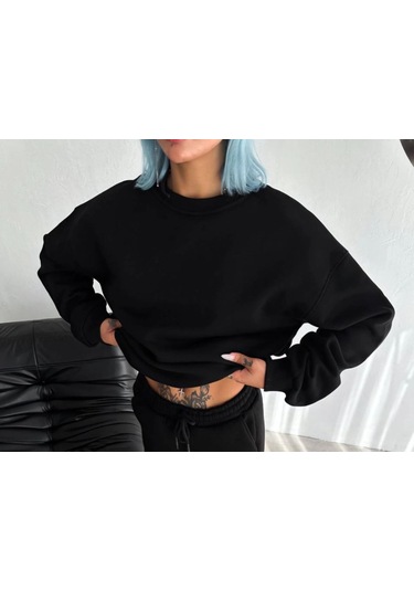 Mbb E-ticaret Kadın Bisiklet Yaka 3 İplik Pamuklu Basic Sweatshirt - Siyah