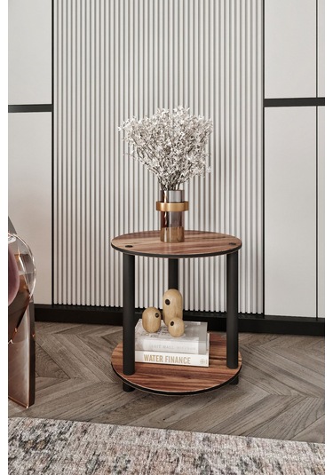 2 Katlı Dekoratif Yuvarlak Kitaplık Ceviz Ceviz