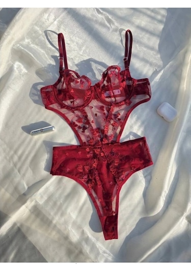Arona Kadın Transparan Çiçek Desenli Tül Bordo Bodysuit Bordo