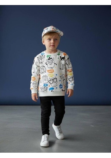 Zekids Erkek Çocuk Baskılı İnce Şardonlu Tasarım Eşofman Takımı-16632 Beyaz