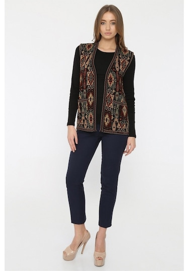 Uludağ Triko Kadın Kilim Desen Yelek / Gümüş